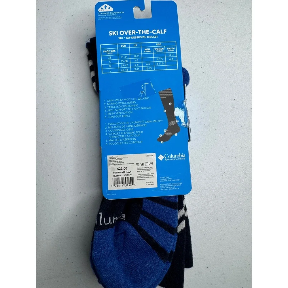 Columbia Mens Ski Socks Merino Wool Omni-Wick Over-The-Calf Navy Blue Large NEW